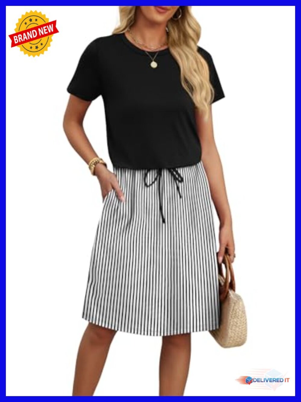 Womens Summer Short Sleeve Crew Neck T Shirt Dress Tie Waist Pockets Casual